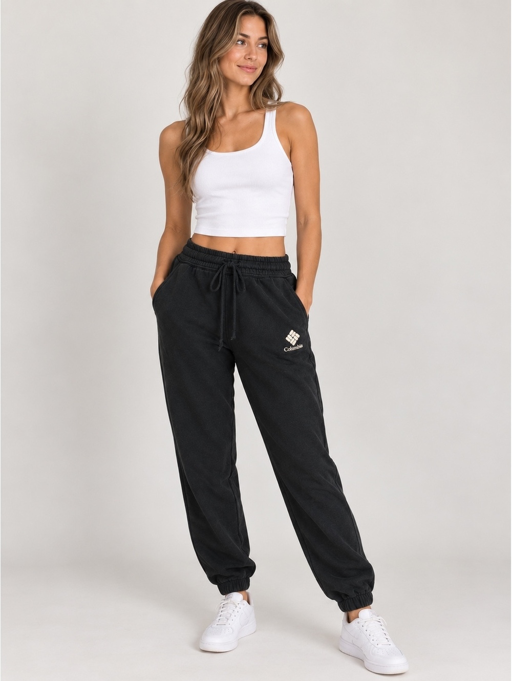 Columbia S Black Fleece Jogger Sweatpants Logo Drawstring Pockets